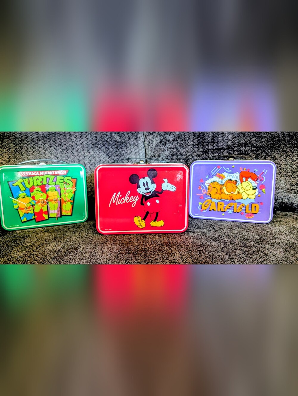 3 Sm Mickey, Garfield, & Ninja Turtles Tin Lunch Box with Classic Character Art